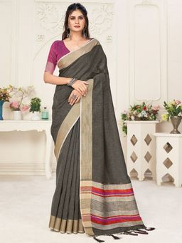 EXCLUSIVA - Black Linen Saree with Unstitched Blouse