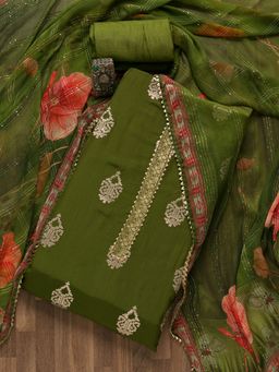 Koskii - Leaf Green Zariwork Georgette Unstitched Salwar Suit (Set of Three)