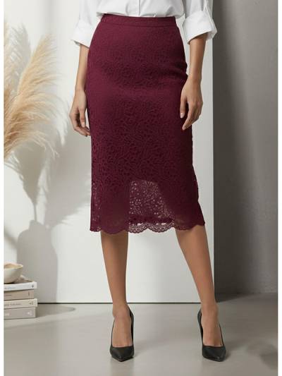 Burgundy Lace Midi Skirt