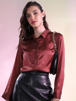 TOKYO TALKIES - Red Micro Ditsy Printed Satin Casual Shirt