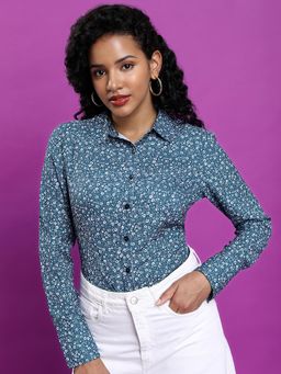 TOKYO TALKIES - Teal Floral Printed Casual Shirt