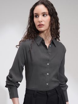 TOKYO TALKIES - Women Charcoal Solid Relaxed Fit Formal Shirt