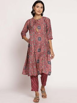 Shree - Women Modal Chanderi Dark Onion Pink Ornamental Printed Kurta With Trouser (Set Of 2)