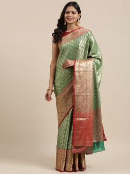 Banarasi Silk Works - Green Kanchi Silk Pattu Border Saree with Unstitched Blouse