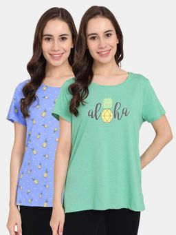 Zivame - Rosaline Bloom Fest Knit Cotton Top - Blue Green (Pack of 2)