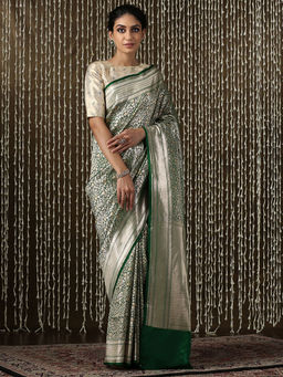 WeaverStory - Emerald Green Handloom Kimkhab Banarasi Saree
