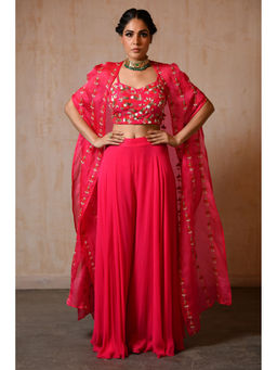 SAISHA - Fuchsia Organza Long Cape With Choli And Sharara (Set of 3)