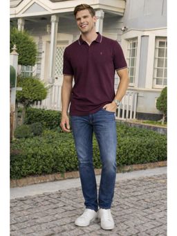 Louis Philippe - Men Purple Solid Polo Neck T-Shirt