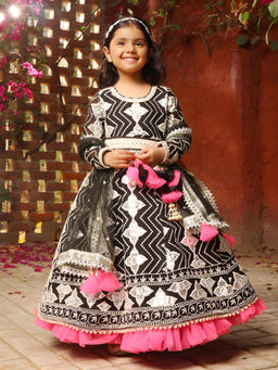 Fayon Kids - Black Mirror Work Embroidered Anarkali and Dupatta with Belt (Set of 3)