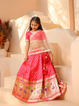 Fayon Kids - Pink Brocade Lehenga & Choli with Dupatta (Set of 3)