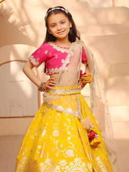 Fayon Kids - Hot Pink Brocade Choli & Lehenga with Dupatta (Set of 3)