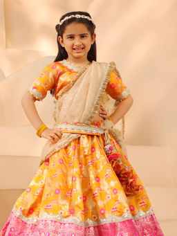 Fayon Kids - Orange Brocade Choli & Lehenga with Dupatta (Set of 3)