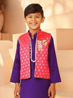 Fayon Kids - Orange Brocade Jacket With Kurta And Pyjama (Set of 3)