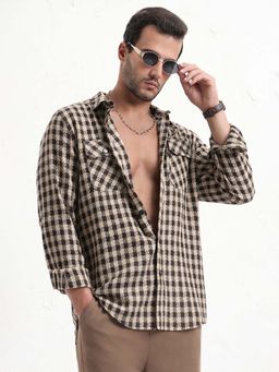 SHOWOFFFF - Men Beige Checked Slim Fit Shacket