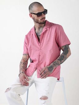 SHOWOFFFF - Men Pink Cotton Embroidered Shirt