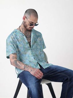 SHOWOFFFF - Men Green Cotton Abstract Shirt