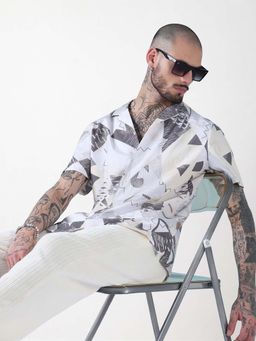 SHOWOFFFF - Men Off White Cotton Abstract Shirt