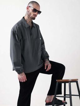 SHOWOFFFF - Edition Men's Spread Collar Grey Solid Half Zipper Jacket