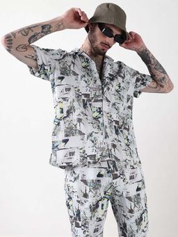 SHOWOFFFF - White and Grey Printed Relaxed Fit Co Ords Set (Set of 2)