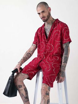 SHOWOFFFF - Edition Red Printed Cuban Collar Relaxed Fit Co Ords Set (Set of 2)