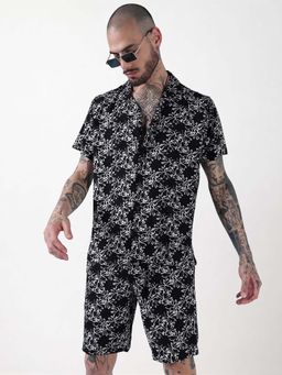 SHOWOFFFF - Edition Monochrome Printed Cuban Collar Relaxed Fit Co Ords Set (Set of 2)