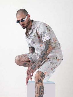 SHOWOFFFF - Edition Grey Printed Cuban Collar Relaxed Fit Co Ords Set (Set of 2)