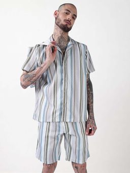 SHOWOFFFF - Edition Multi Striped Cuban Collar Relaxed Fit Co Ords Set (Set of 2)