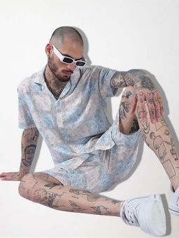 SHOWOFFFF - Edition Grey and Blue Printed Cuban Collar Co Ords Set (Set of 2)