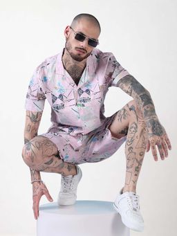 SHOWOFFFF - Edition Pink Printed Cuban Collar Relaxed Fit Co Ords Set (Set of 2)