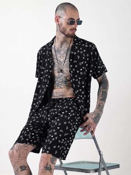 SHOWOFFFF - Edition Black and White Printed Cuban Collar Relaxed Fit Co Ords Set (Set of 2)