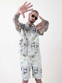 SHOWOFFFF - Edition Cream Printed Cuban Collar Relaxed Fit Co Ords Set (Set of 2)