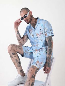 SHOWOFFFF - Edition Blue Printed Cuban Collar Relaxed Fit Co Ords Set (Set of 2)