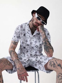 SHOWOFFFF - Edition White Printed Cuban Collar Relaxed Fit Co Ords Set (Set of 2)