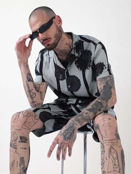SHOWOFFFF - Edition Grey Abstract Print Cuban Collar Relaxed Fit Co Ords Set (Set of 2)