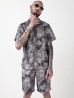 SHOWOFFFF - Edition Grey and White Printed Cuban Collar Relaxed Fit Co Ords Set (Set of 2)