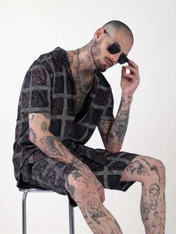 SHOWOFFFF - Edition Black and Grey Printed Cuban Collar Relaxed Fit Co Ords Set (Set of 2)