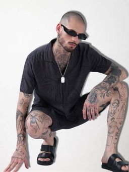 SHOWOFFFF - Edition Charcoal Grey Abstract Print Cuban Collar Relaxed Fit Co Ords Set (Set of 2)