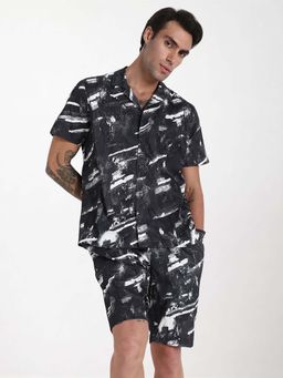 SHOWOFFFF - Dark Grey and White Printed Cuban Collar Co Ords Set (Set of 2)