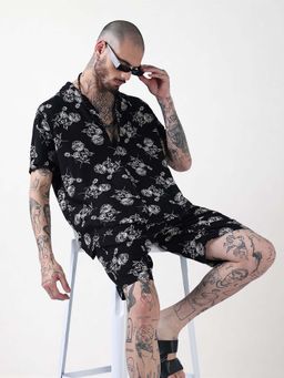SHOWOFFFF - Black Printed Cuban Collar Relaxed Fit Co Ords Set (Set of 2)