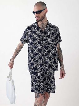 SHOWOFFFF - Edition Navy Blue Floral Cuban Collar Relaxed Fit Co Ords Set (Set of 2)