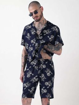 SHOWOFFFF - Edition Navy Blue Floral Cuban Collar Relaxed Fit Co Ords Set (Set of 2)