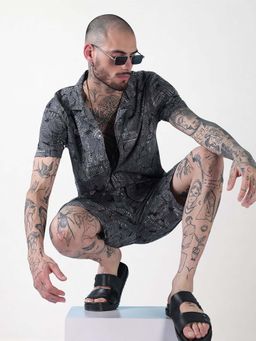 SHOWOFFFF - Edition Grey and Black Printed Cuban Collar Relaxed Fit Co Ords Set (Set of 2)