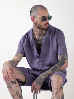 SHOWOFFFF - Edition Purple Solid Cuban Collar Relaxed Fit Co Ords Set (Set of 2)