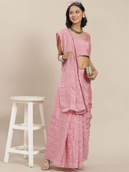 Odette - Pink Elegant Mirror Work Saree with Unstitched Blouse
