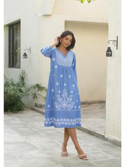 House of Chikankari - Women Blue Chambray A-Line Embroidered Midi Dress