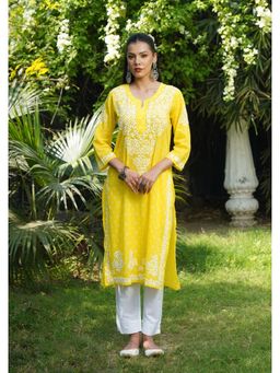 House of Chikankari - Women Yellow Pure Cotton Embroidered Straight Kurta
