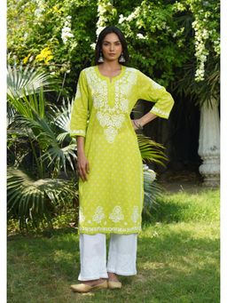 House of Chikankari - Women Green Pure Cotton Embroidered Straight Kurta