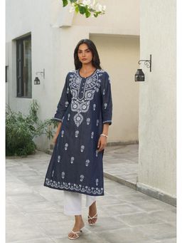 House of Chikankari - Women Blue Chambray Embroidered Straight Kurta