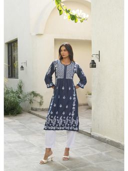 House of Chikankari - Women Blue Chambray Embroidered Straight Kurta