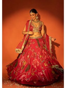 Tanu Malhotra - Red Floral Mirror-Work Blouse with Lehenga and Dupatta